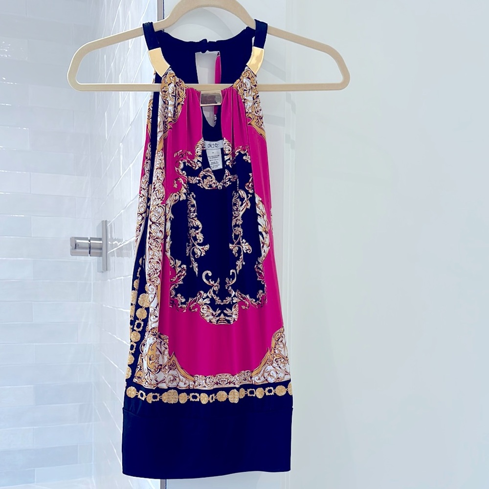 Cache Pink and Black Top with Gold Details and Blouson Waistband